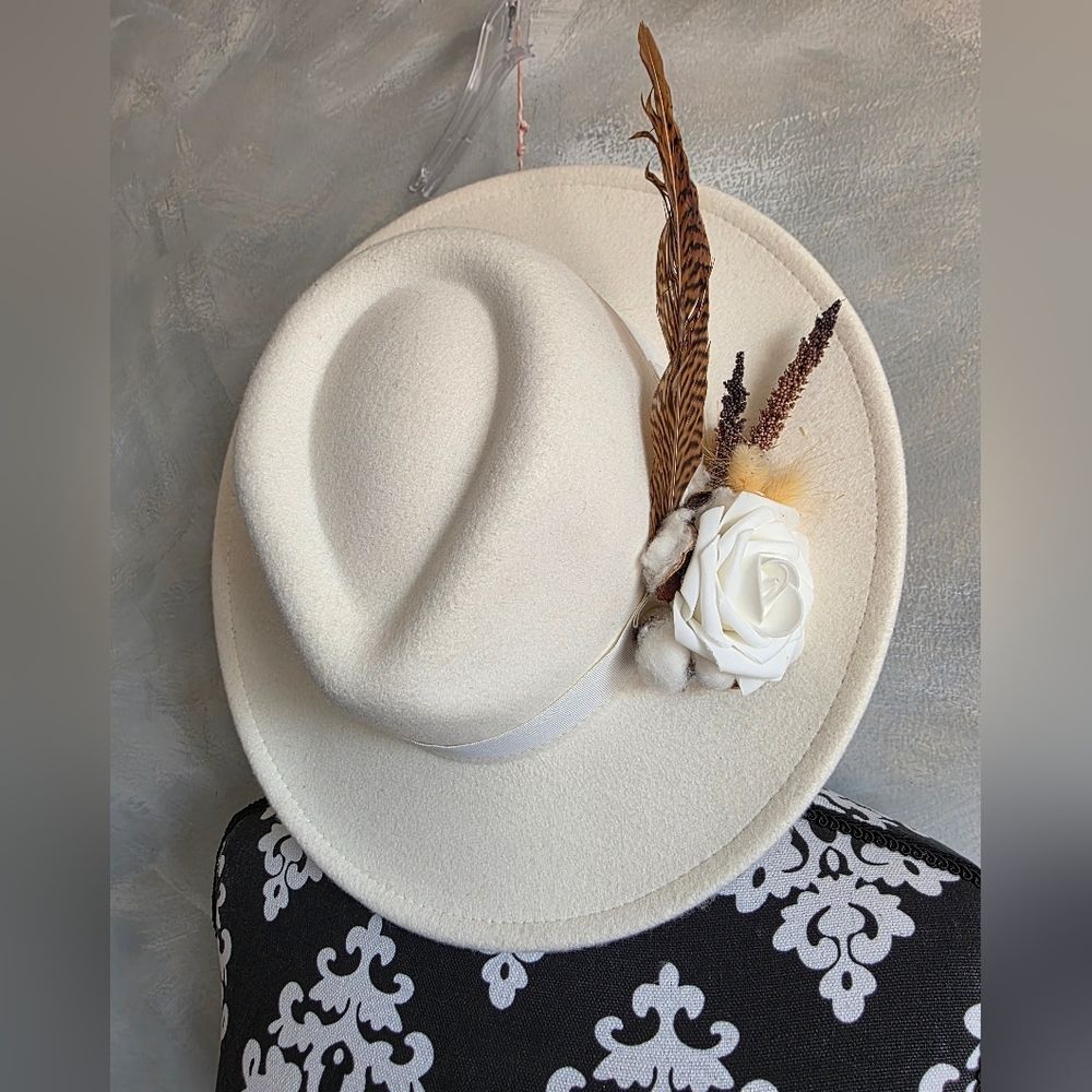 Cream Wide-brimmed Felt Fedora Hat with Feather and Floral Embellishment Bridal